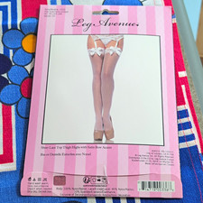 Leg Avenue White Sheer Lace Top Thigh-Highs Satin Bow Accent One Size 1912 picture