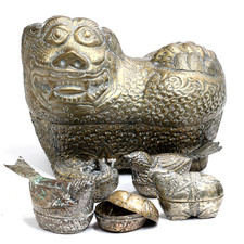 Lot 6pc Foo Dog Silver & Bronze & Gold Guardian Lion Metal Box, Jewelry Storage picture
