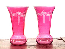 Antique Bohemian Cranberry Swirl Cut Glass Vase 10