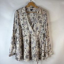 Torrid Wrap Blouse Womens 3 Cream Floral Paisley Long Sleeve Textured Tie Waist picture