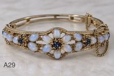 Vintage Panetta Art Glass Opal Blue Rhinestone Floral Hinged Bangle Bracelet picture
