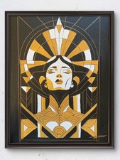 Art Deco Woman #4 Acrylic Beige Black Original Art 14x11 Canvas picture