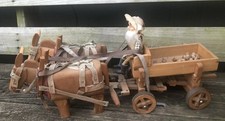 Vintage Hand Made Hand Carved Wooden Mules & Wagon With Leather picture