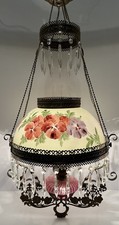 VICTORIAN HANGING LAMP LIGHT W/ CRYSTALS BRADLEY HUBBARD? FENTON CRANBERRY SWIRL picture