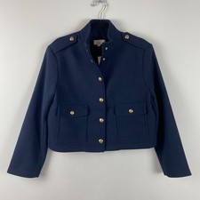 LOFT Navy Military-Style Jacket Size Small Gold Buttons Crop Poly Wool Blend picture