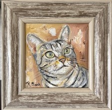 HAND PAINTED OIL PAINTING TABBY CAT PORTRAIT SIGNED FRAMED 4x4 picture