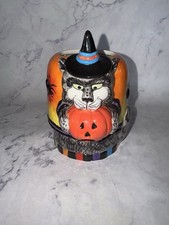 Vintage Fitz & Floyd Kitty Witches Filled Candlecup Halloween Cat Pumpkin UNUSED picture