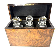 Victorian English 19th  Burr Walnut  w/Brass Mountings Three Bottle Decanter Box picture