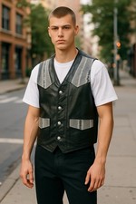 VTG ORIGINALES Hnos Solorzano 100% Leather Vest With Snakeskin Yoke, Btn & Pkts picture