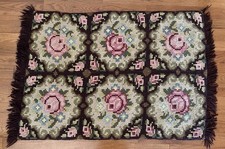 Handmade Wool Needlepoint Rug Vtg Antique Pink Roses Floral Fringe 30x42