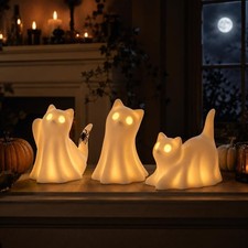 3PCS Ceramic Ghost Cat Light up Decor Cat Ghost Halloween Decor | LED White Ghos picture