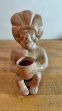 Aztec Mayan Vintage Folk Art Figurine. Candle Holder. Clay Pottery. Handmade. picture