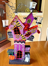 PIER ONE VINTAGE HALLOWEEN HAUNTED HOUSE - TEALIGHT HOLDER - GLITTER METAL picture