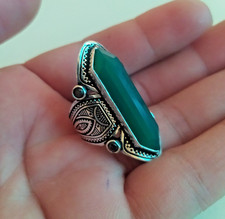 Ancient Victorian Sterling Silver Ring Vintage Green Jade Engraved Stone Size 9 picture