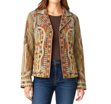 Vtg Coldwater Creek EMBROIDERED JACKET BLAZER Brown Canvas Tribal Geo Pattern 12 picture