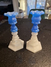 Antique Pair of Blue Clambroth Sandwich Glass Petal Candlesticks 8.3
