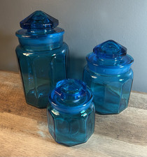 Vintage MCM L.E. Smith Blue Panel Glass Kitchen Canister Apothecary Jar 3 pc Set picture