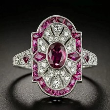 Art Deco Vintage Style Oval Lab Created Ruby Engagement 14K White Gold PLATED picture