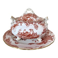 Vintage Royal Crown Derby English Bone China Red Aves Soup Tureen & Under Plate picture