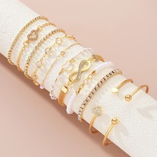 11Pcs Layered Gold Pearl Heart Chain Bracelet Set Boho Crystal Bangle Jewelry picture