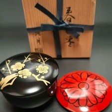 Kogetsu Wajima Shunju Large Flat Natsume Plum Chrysanthemum Two Lids 9x6cm picture