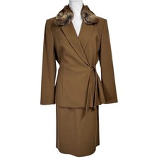 NEW Vintage Wool Crepe Skirt Suit Sz 14 Toffee Brown Faux Fur Collar Wrap Kasper picture