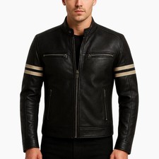 Men’s Black Lambskin Leather Cafe Racer Jacket Striped Arm Moto Biker Zip Jacket picture