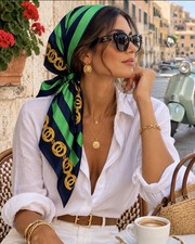 CHANEL 100% silk navy green stripe gold chain-linked CC medallion border 36”READ picture