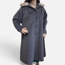 Vintage 50s 60s Luxury Charcoal Gray Wool  Genuine Mink Fur Collar Overcoat M L picture
