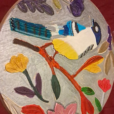Folk Art Nature Floral Painting - Hand-Painted Round Birds & Flowers picture