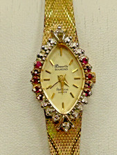 Vintage Deauville Armitron Diamond & Ruby Gold Tone Watch W Safety Chain picture