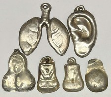 Circa 1890Antique Ex Votos Lot 6 Pieces Lungs Ear Abdomen & Chest Silvered Metal picture