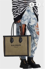 BALMAIN B-Army 42 Tote Bag Green Khaki w/Black Leather Trim Nwt Dustbag picture