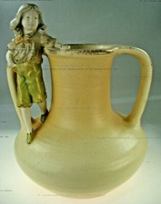 ANTIQUE 1900-1916 AUSTRIAN ART NOUVEAU AMPHORA CERAMIC VASE W/ LITTLE BOY DECOR picture