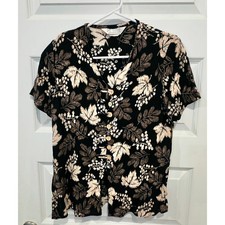 Petite Sophisticate Blouse Womens Petite Black Rayon Vintage Boho Floral Top picture
