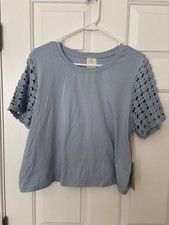 Joie Blue Crochet Sleeve Tee Boho Coastal Cottagecore 100% Cotton Top Size L NWT picture