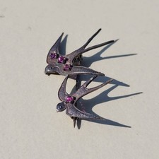 Vintage Victorian Sterling Silver Swallow Bird Brooch Ruby Stone Antique picture