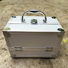 Silver Metal Makeup Train Case Organizer with Handle and Tiered Trays picture