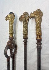 Set of 3 antique 1800s brass steel figural dragon fireplace tools poker tong picture