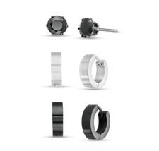 Zales Men's 6.0mm Black Spinel Solitaire Stud and Huggie Hoop Earrings Gift Set picture