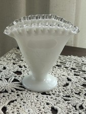Vintage Fenton White Glass Silver Crest  Fan Vase 4 1/2