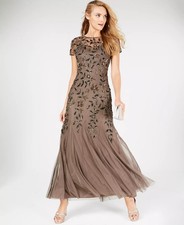 Adrianna Papell Mercury Lead Nude Beaded Sequin Floral Godet Gown Size 6 $329 picture