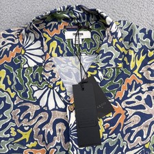 Akoo Evolution Shirt Mens XL S/S Dress Blue All Over Print Camp Collar Floral picture