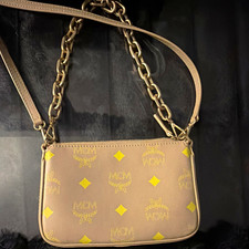 MCM Beige Visetos Monogram Zip Pouch Crossbody Bag Gold Chain Strap Small picture