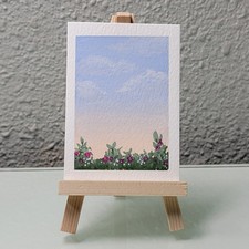 ACEO Original Gouache Painting Sky Clouds & Flowers Landscape KatieBearDesigns picture