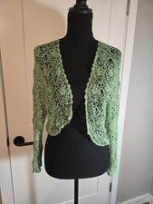 Vintage Sage Green Crochet Lace Shrug Cropped Bolero Open Front Cardigan picture