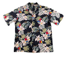 Evergreen Island Aloha Shirt Mens XL Macaw Parrot Made in Hawaii Black Cotton picture