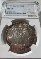 1967 FRANCE 10 FRANCS GEM UNCIRCULATED SILVER Coin NGC MS64 TONER picture