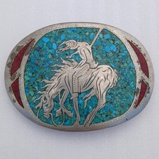VTG Handcrafted German Silver End of the Trail Turquoise Inlay Belt Buckle USA picture