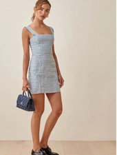 Reformation Blue Brigitte Linen Dress in Azure Check sz 6  picture